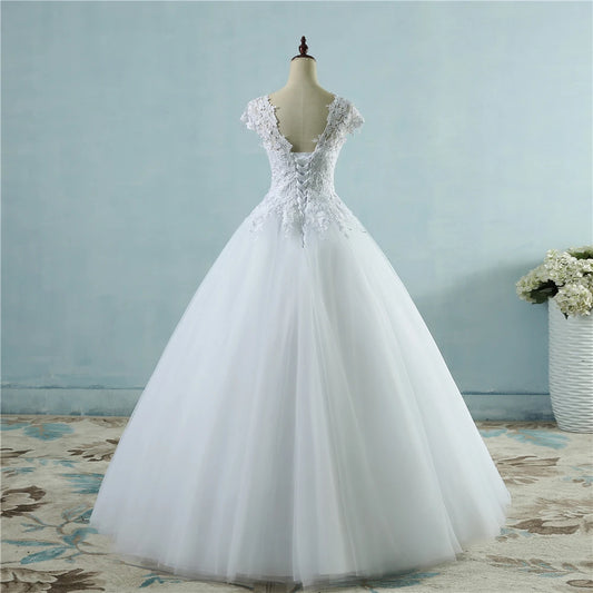 Vintage Lace White A-Line Wedding Dress | Exquisite Short Cap-Sleeve Bridal Gown | V-Neck Cut-Out Floor-Length Custom Plus Size Gown Luxegan
