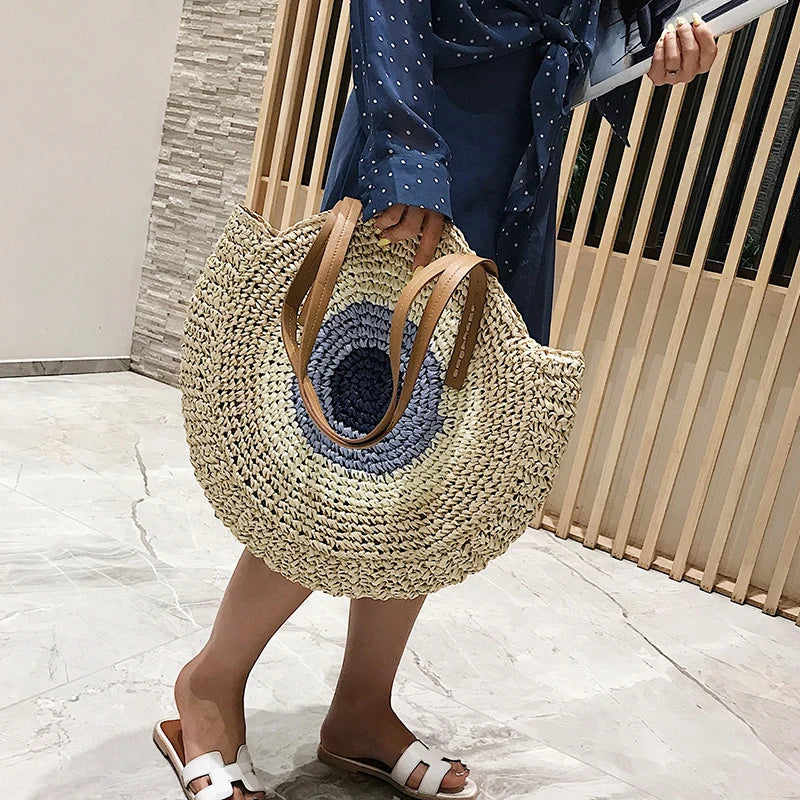 Large Capacity Round Women's Fashionable Straw Woven Shoulder Bag | Handmade Summer Beach Travel Holiday Women Tote Bags Luxegan