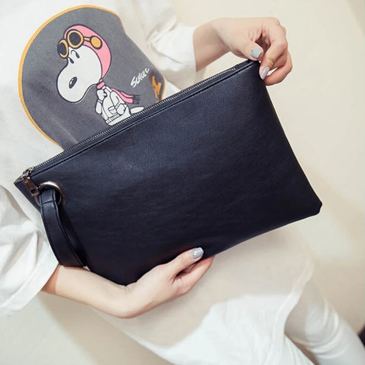 PU Leather Solid Envelope Clutch | Fashion Soft Sac Bag with Zipper Luxegan