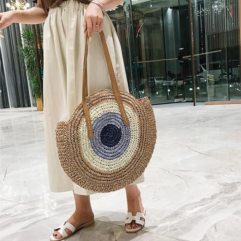 Large Capacity Round Women's Fashionable Straw Woven Shoulder Bag | Handmade Summer Beach Travel Holiday Women Tote Bags Luxegan