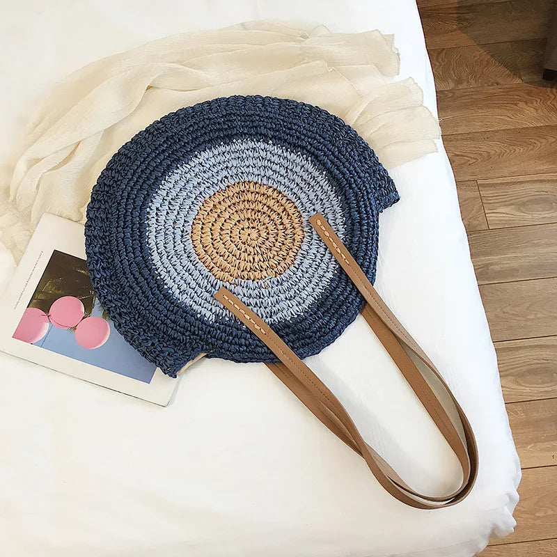 Large Capacity Round Women's Fashionable Straw Woven Shoulder Bag | Handmade Summer Beach Travel Holiday Women Tote Bags Luxegan