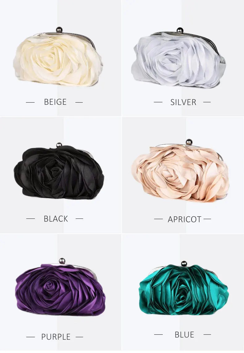 Luxury Flower Bride Evening Clutch Purse | Embroidered Ruched Floral Party Handbag | Premium Satin-Lined Wedding Wallet | Elegant Minaudiere Chain Shoulder Bag Model EB034 Luxegan