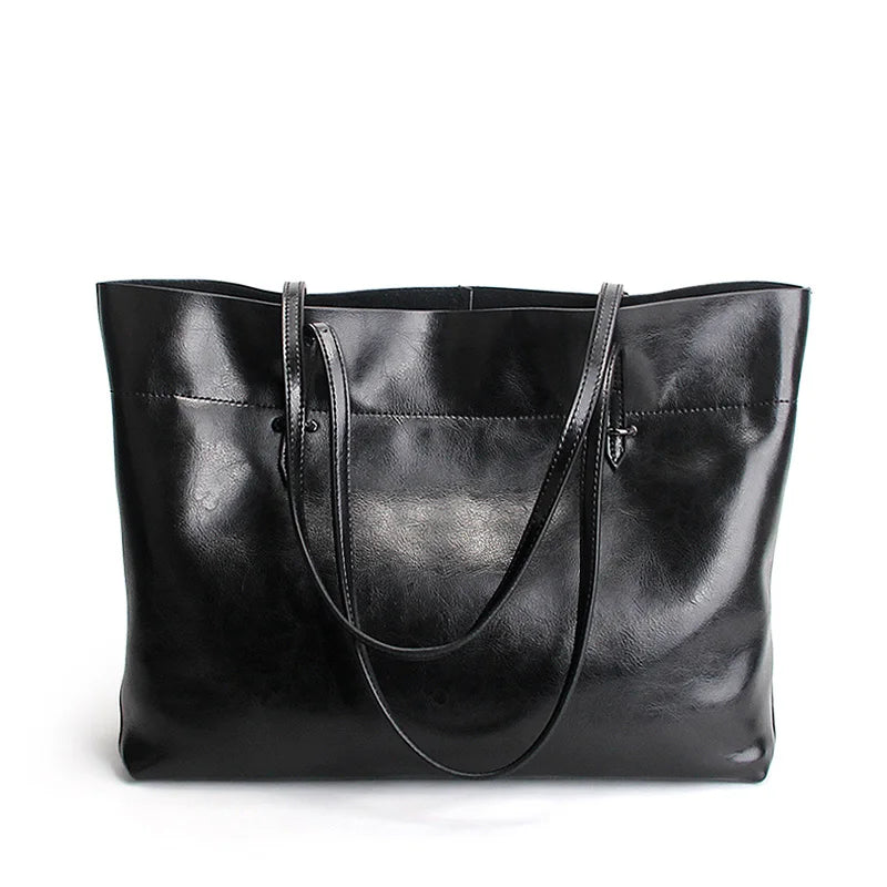 Premium 100% Genuine Leather Women’s Handbag | Large Capacity Vintage Shoulder Purse | Luxury Black & Brown Ladies' Tote for Shopping & Work Luxegan