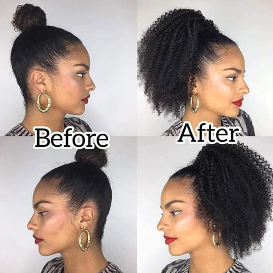 Afro Kinky Curly Drawstring Ponytail | Sophisticated 4B 4C Mongolian Human Hair Silhouette | Elegant "Clip-In" Remy Hair Extension | "Dignified" 100g Pure Color Piece for Radiant Versatile Styling Luxegan