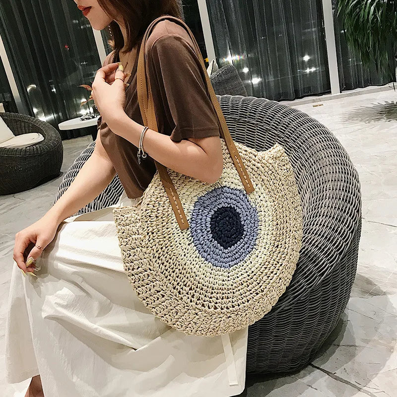 Large Capacity Round Women's Fashionable Straw Woven Shoulder Bag | Handmade Summer Beach Travel Holiday Women Tote Bags Luxegan