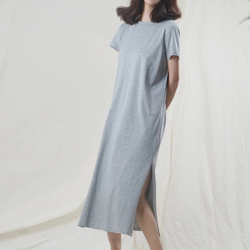 Original Casual 94% Cotton Summer Women's Dresses Solid Short Sleeve Spilt Long Midi Dress Fashion Sundress Female Clothing