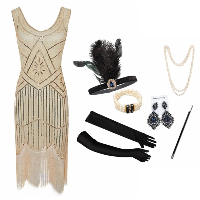 Vintage Sequin Full Fringed Flapper Dress | Roaring 20s Great Gatsby Party Gown | Plus Size XS-4XL Summer Knit Knee-Length Dress