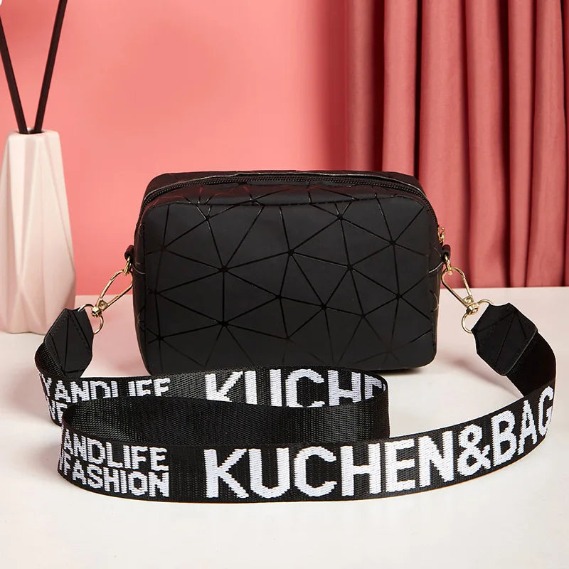 Fashion Laser Shoulder Messenger Bag | Sophisticated PU Leather Small Square Crossbody | Trendy New Laser Satchel with Letter Decoration | Elegant Geometric Pattern Shoulder Bag for Women Luxegan