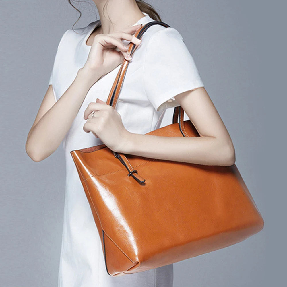 Premium 100% Genuine Leather Women’s Handbag | Large Capacity Vintage Shoulder Purse | Luxury Black & Brown Ladies' Tote for Shopping & Work Luxegan