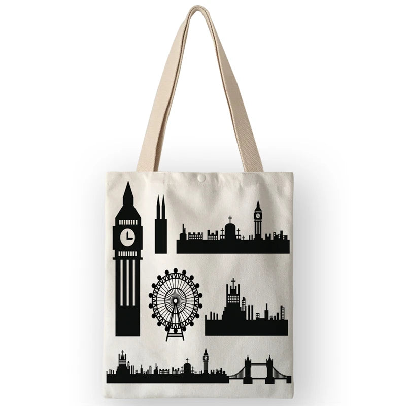 Vintage British Style Women's Canvas Shoulder Bags | Cartoon London Prints Shopping Handbags Totes Travel Luxegan