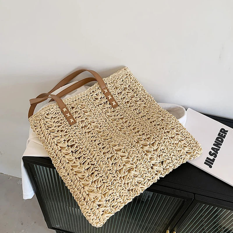 Summer Hollow Out Straw Bag Women | Large Capacity Handmade Weave Shoulder Totes Bag | Travel Beach Bag Shopping Pouch Luxegan