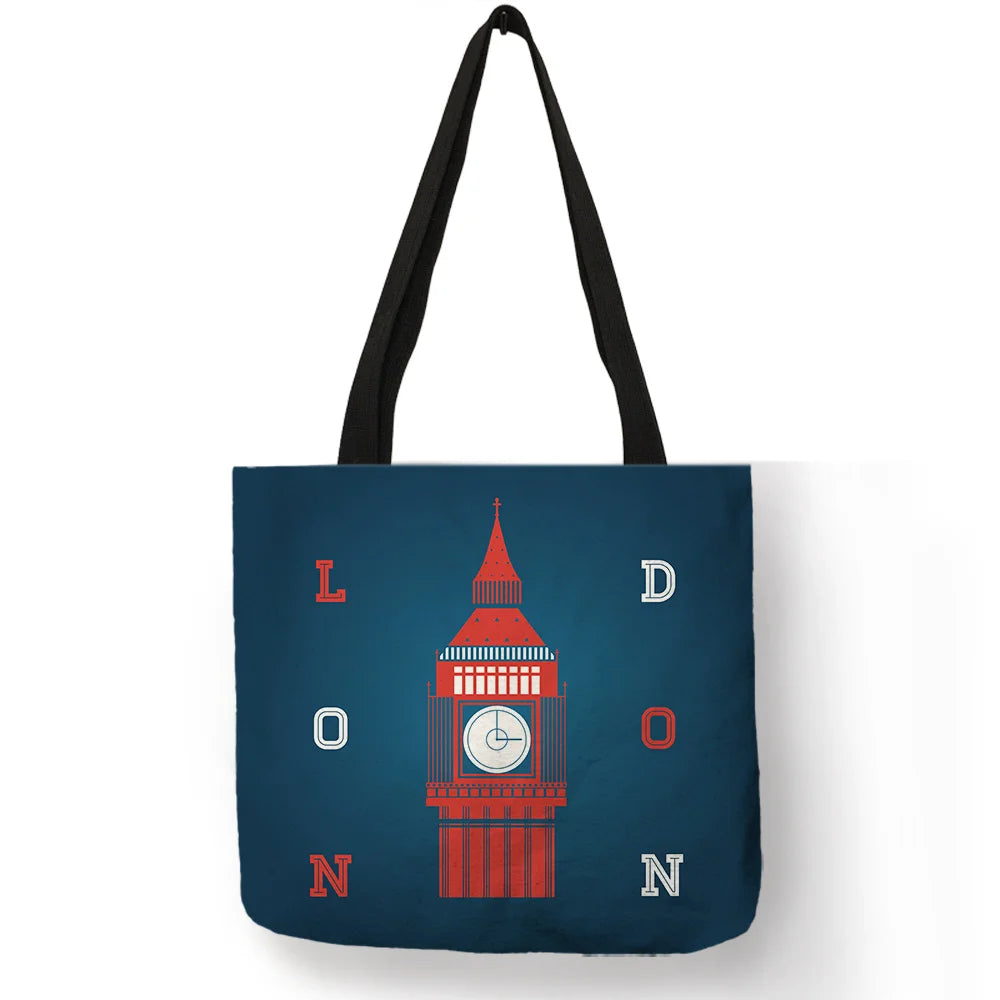 High Quality Linen Shoulder Bag | London Big Ben Tower & Rome Print Tote Bag (Fashion Ladies Casual Beach Shopping Handbag) Luxegan