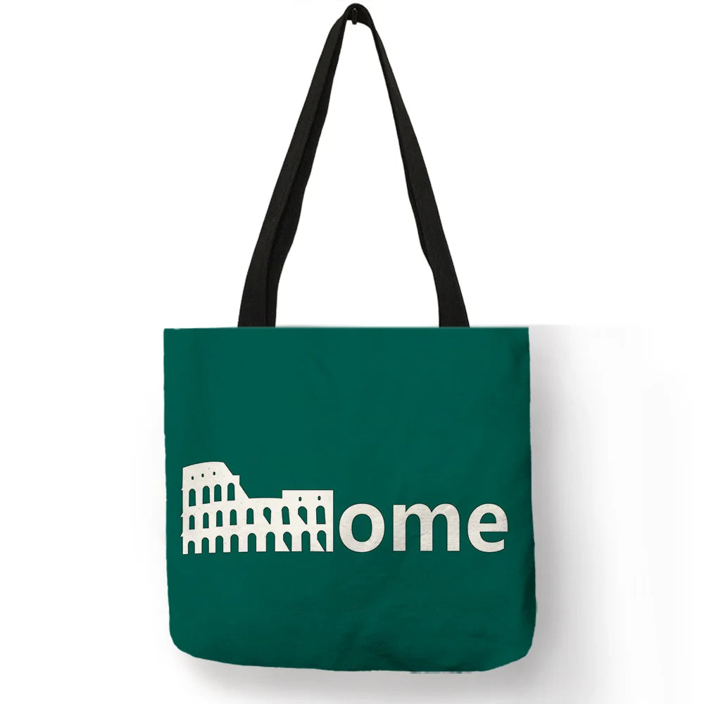 High Quality Linen Shoulder Bag | London Big Ben Tower & Rome Print Tote Bag (Fashion Ladies Casual Beach Shopping Handbag) Luxegan
