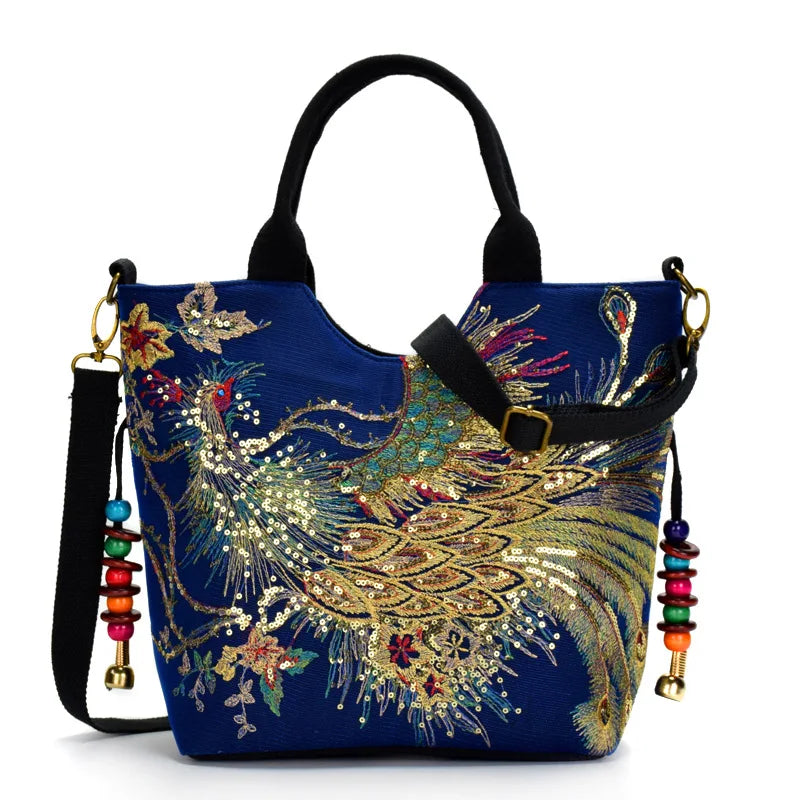 Ethnic Style Sequins Tote Bag | Peacock Embroidery Handbags & Vintage Canvas Crossbody Bag Luxegan