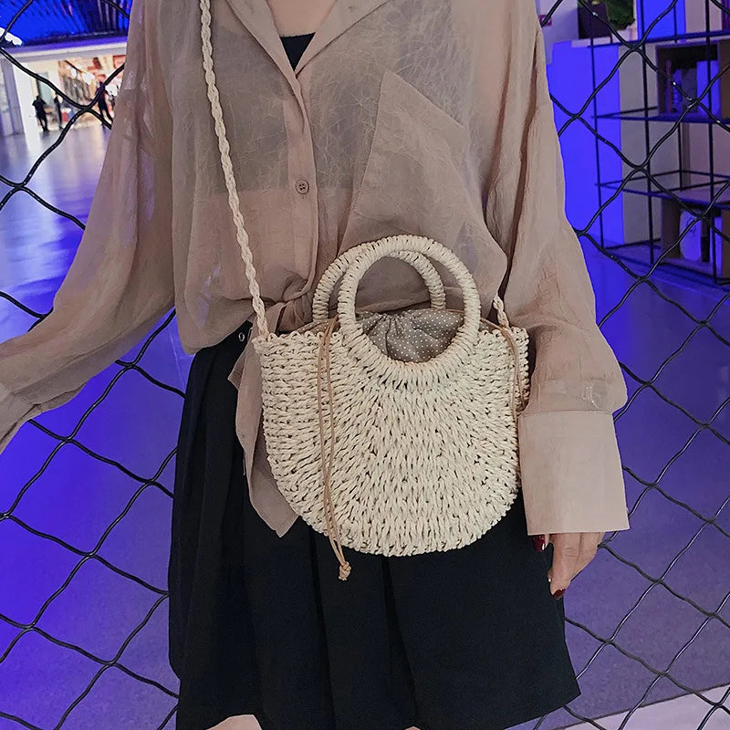 Half-Round Rattan Beach Bag | Women Large Capacity Handle Bag & Bohemian Shoulder Bag Luxegan