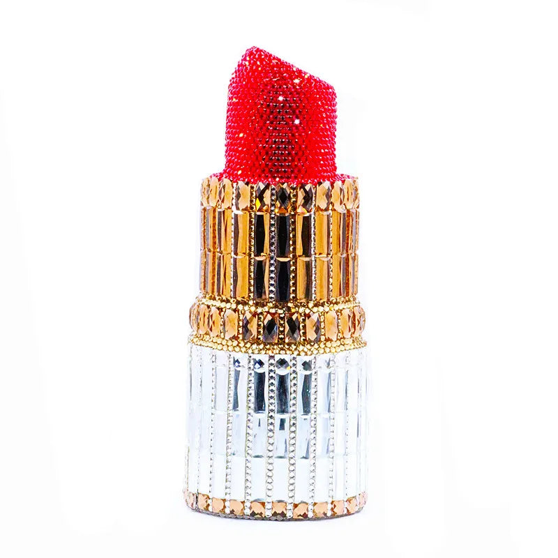 Red Lipstick Crystal Clutch Wallet | Sophisticated Novelty Fashion Evening Bag | Elegant Rhinestone Party & Dinner Handbag | "Dignified" Hard-Shell Barrel Purse with Metallic Finish Luxegan