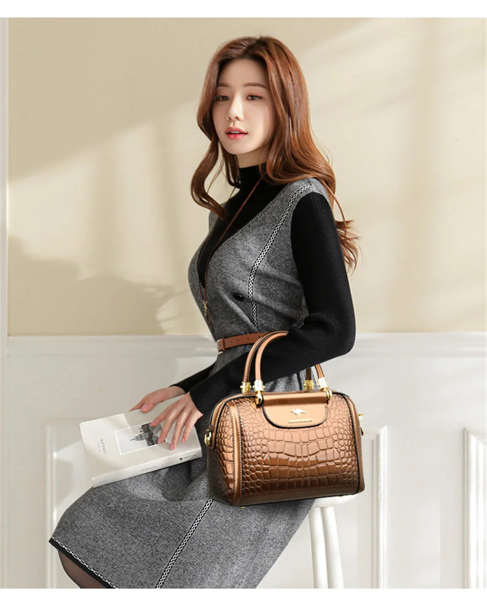Luxury Patent Leather Handbag | Sophisticated "Crocodile Pattern" Boston Silhouette | Elegant "Sequined & Letter" Detail Crossbody | "Dignified" Alligator Texture Messenger Purse for Radiant Versatile Styling Luxegan