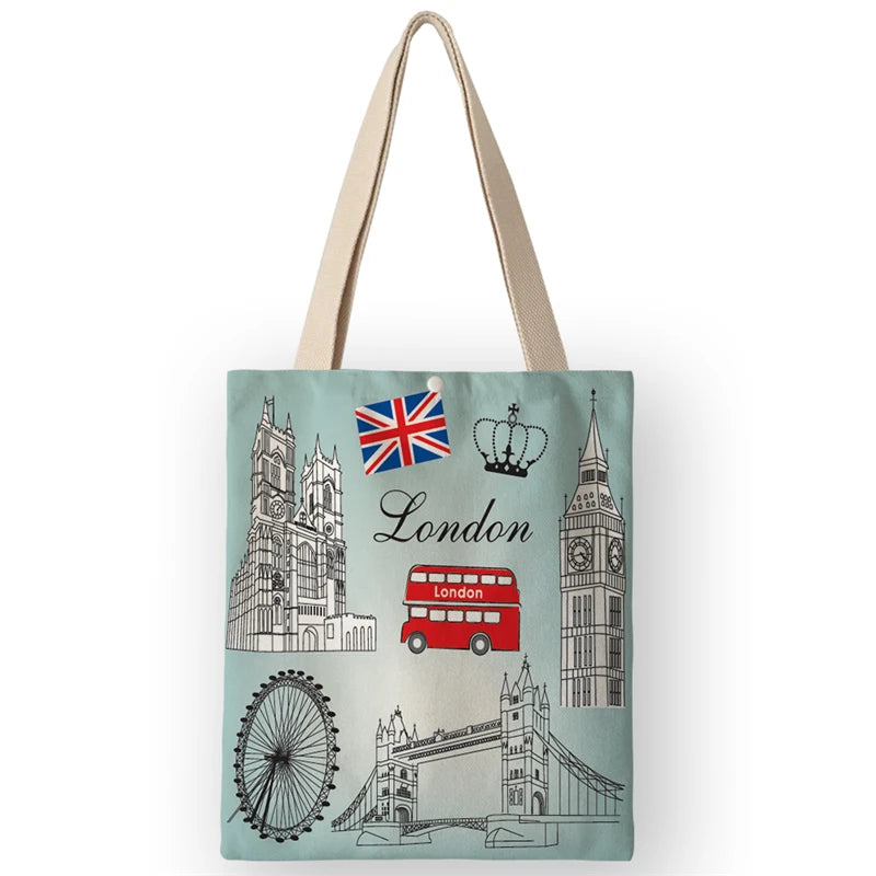 Vintage British Style Women's Canvas Shoulder Bags | Cartoon London Prints Shopping Handbags Totes Travel Luxegan