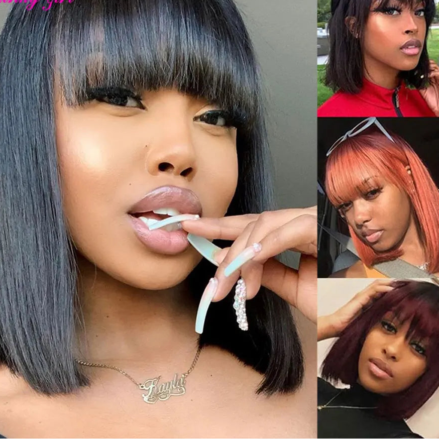 Sleek Straight Short Bob Human Hair Wig with Bangs | 180% Density Fully Machine-Made Glueless Brazilian Remy Human Hair Wig | Classic Fringe Bob for Women (8-16 Inch, Natural Color / #99J Burgundy / #30 Honey Blonde) Luxegan