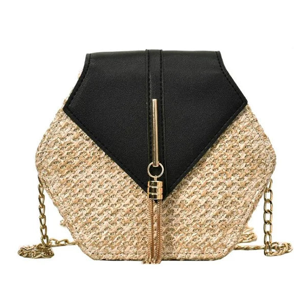 Hexagon Multi-Style Straw + Leather Handbag | Sophisticated Handmade Woven Rattan Summer Bag | Elegant Circle Bohemia Beach Bag | Fashion-Forward Hard-Shell Shoulder Flap with Tassel Accent Luxegan