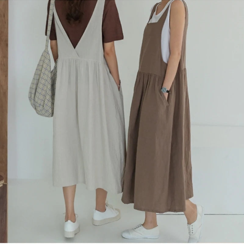Women's Plus Size Cotton Linen Style Tank Dress | Summer Solid Color Knee-Length Vestido | Casual Square Collar Sleeveless Robe with Pockets | Premium Tatting Regular Fit A-Line Dress Model KE02 Luxegan