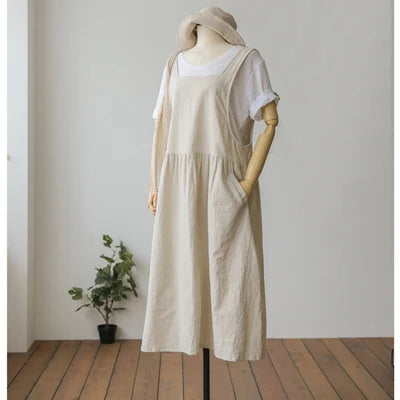 Women's Plus Size Cotton Linen Style Tank Dress | Summer Solid Color Knee-Length Vestido | Casual Square Collar Sleeveless Robe with Pockets | Premium Tatting Regular Fit A-Line Dress Model KE02 Luxegan