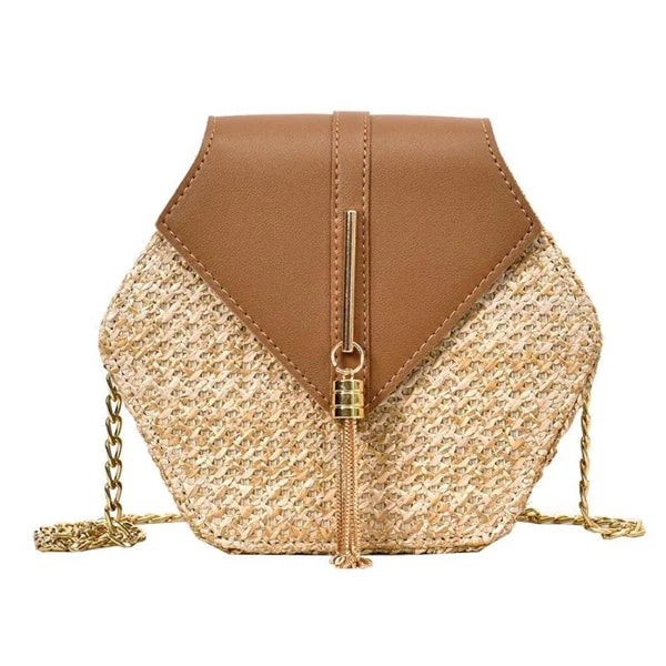 Hexagon Multi-Style Straw + Leather Handbag | Sophisticated Handmade Woven Rattan Summer Bag | Elegant Circle Bohemia Beach Bag | Fashion-Forward Hard-Shell Shoulder Flap with Tassel Accent Luxegan