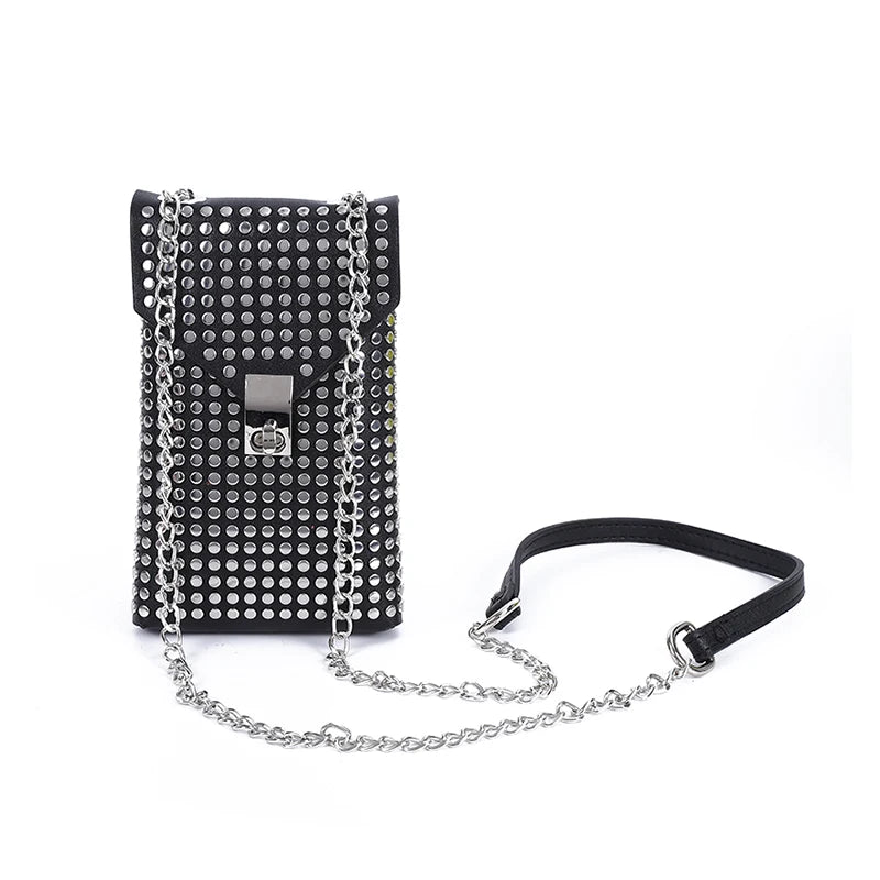 PU Leather Mini Shoulder & Crossbody Bag for Women | Rivet Flap Chain Designer Purse (Retro Phone Bag, Hip-Hop Style) Luxegan