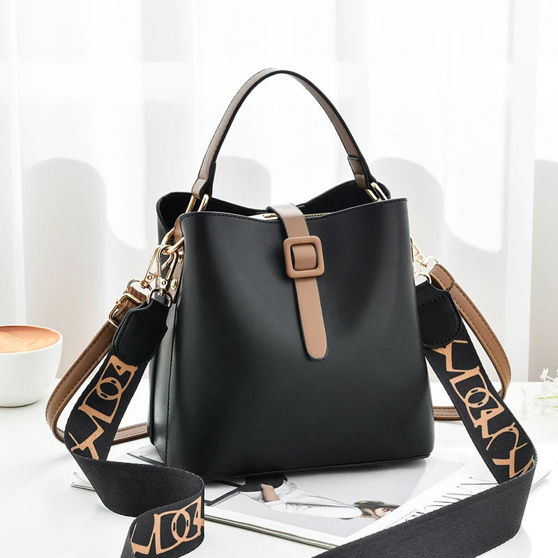 Girls' Fashion PU Leather Bucket Bag | Trendy Foreign Trade Women's Messenger Bag | Wide-Strap Letter Print Shoulder Bag | Versatile Daily Crossbody for All Seasons (Model 14289) Luxegan