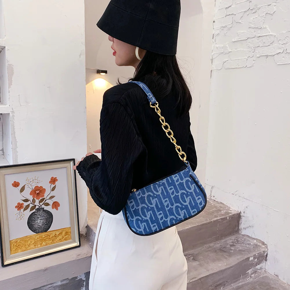 Letter Print Baguette Bag | Soft Chain Small Purse Underarm Bag Luxegan