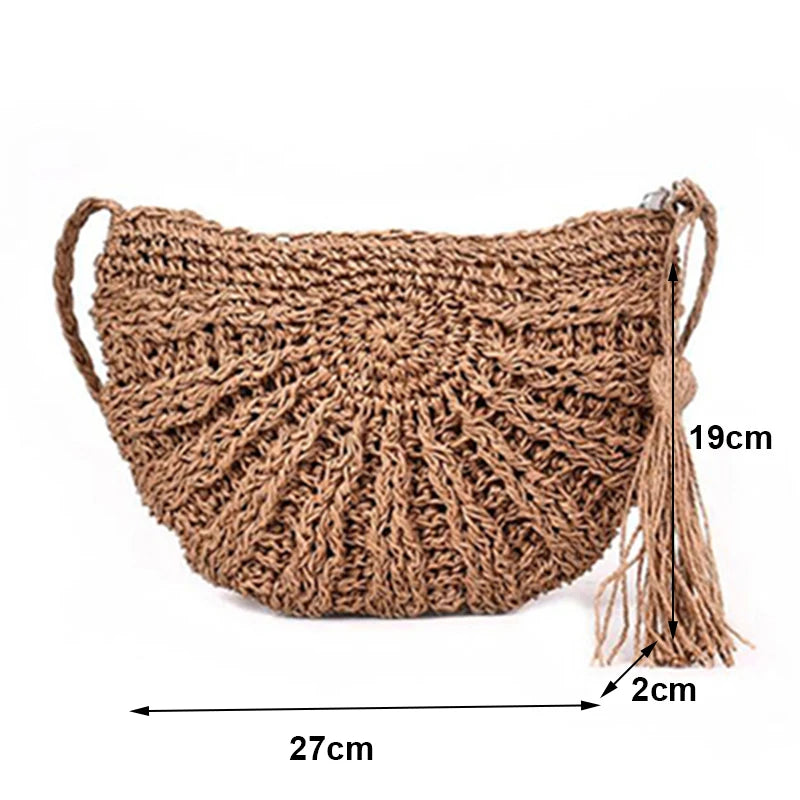 New Half-Round Straw Bag for Women | Sophisticated Handmade Woven Rattan Summer Beach Bag | Elegant Half-Moon Crossbody Handbag | Fashion-Forward Bohemia Style Purse with Hollow-Out Detail Luxegan