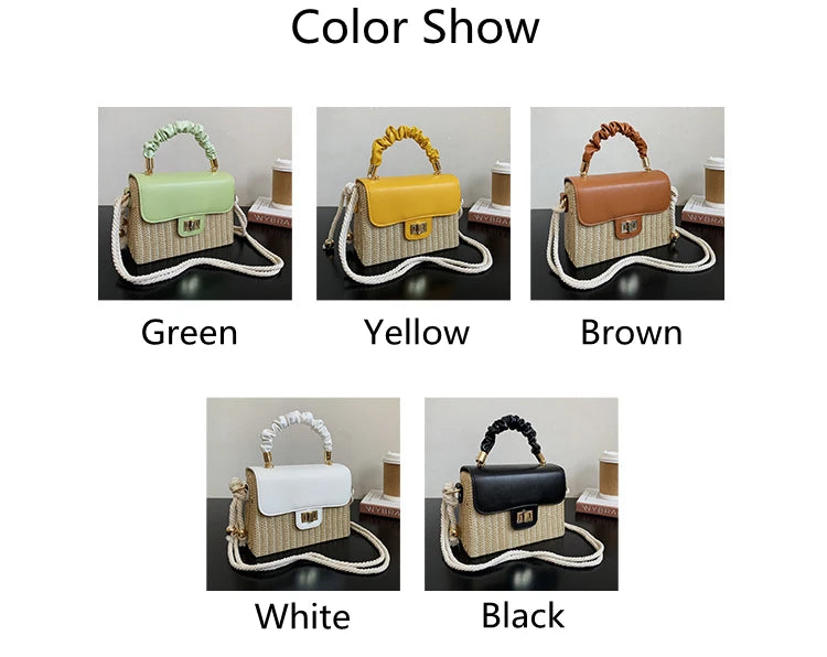 Summer Luxury Designer Straw Beach Bag | Vintage Contrast Color Flap Handbag with Pleated Handle | Hard Structured Woven Crossbody Purse & Lock Shoulder Bag Luxegan
