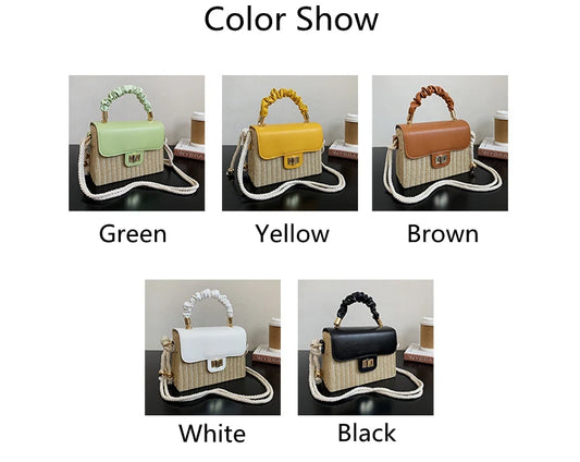 Summer Luxury Designer Straw Beach Bag | Vintage Contrast Color Flap Handbag with Pleated Handle | Hard Structured Woven Crossbody Purse & Lock Shoulder Bag Luxegan