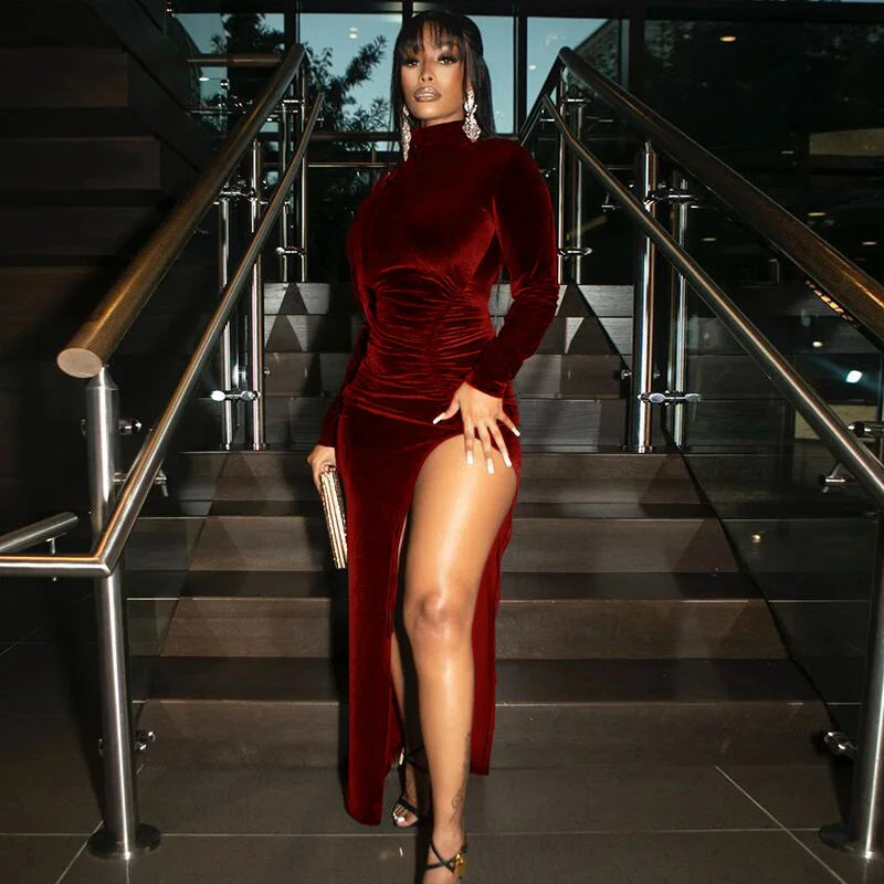 Women's Autumn Winter Solid Velvet Midi Dress | Elegant Ruched Full Sleeve Party Gown | Sexy Side Slit Bodycon Streetwear | Premium High Stretch Slim Fit Luxury Winter Vestido Luxegan