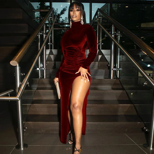 Women's Autumn Winter Solid Velvet Midi Dress | Elegant Ruched Full Sleeve Party Gown | Sexy Side Slit Bodycon Streetwear | Premium High Stretch Slim Fit Luxury Winter Vestido Luxegan