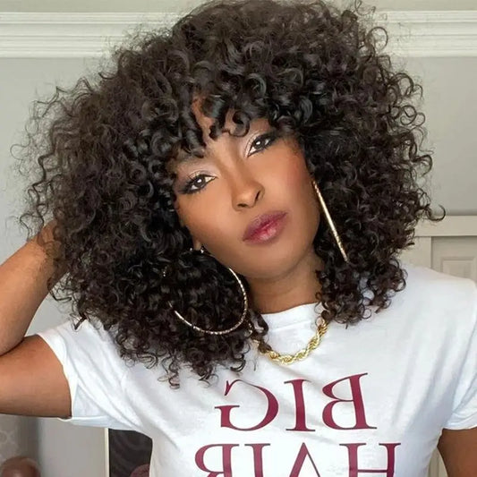 Ombre Short Bob Jerry Curly Human Hair Wig with Bangs - 180% Density Full Machine-Made Glueless Wig - 100% Brazilian Remy Human Hair Gradient Curly Fringe Wig for Black Women Luxegan
