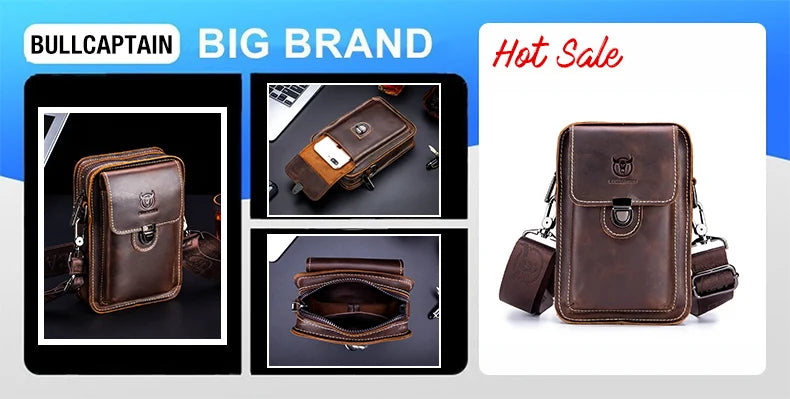BULLCAPTAIN Bolsos cruzados para hombre de cuero Crazy Horse, bolso de pecho de cuero, bolsos cruzados retro para hombre con bolsillo de cremallera, bolso de viaje corto