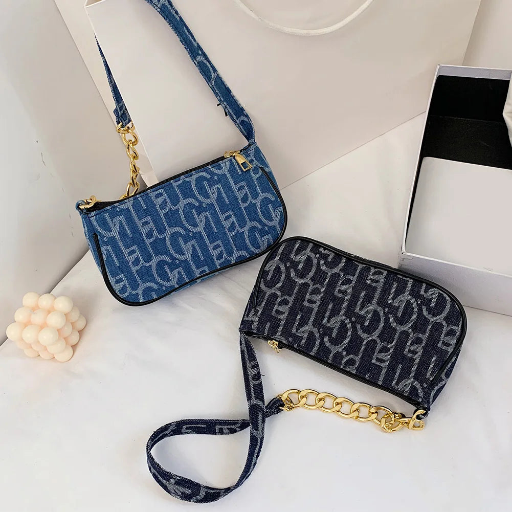 Letter Print Baguette Bag | Soft Chain Small Purse Underarm Bag Luxegan