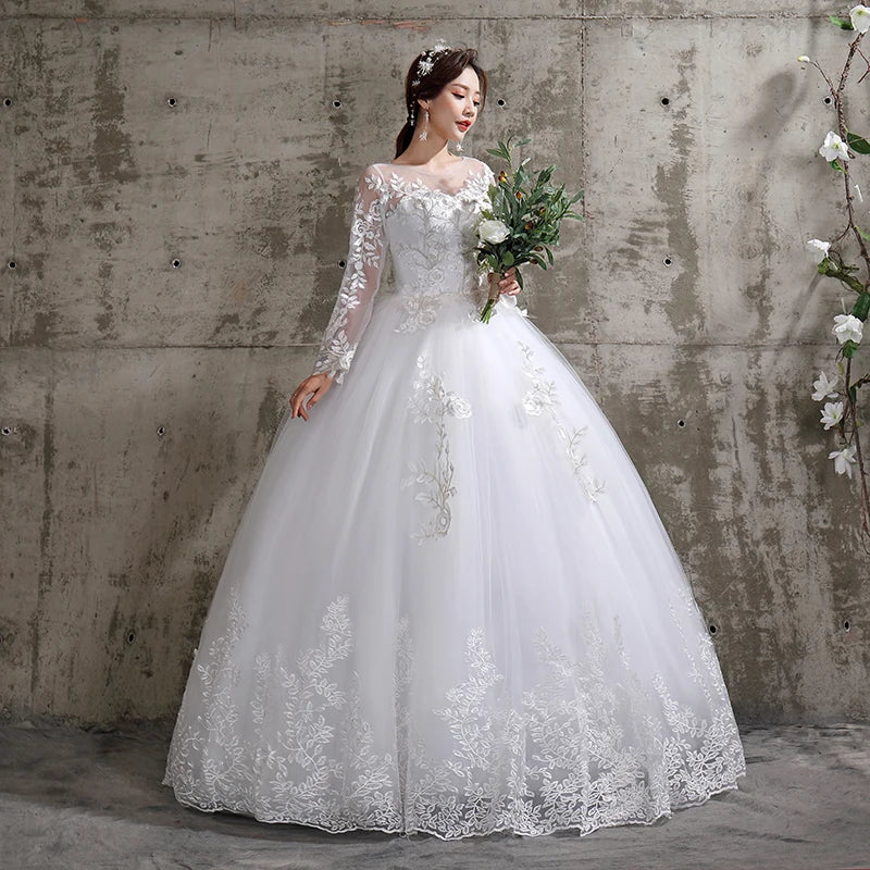 Dreamy Plus Size Floral Wedding Dress for Brides | Exquisite O-Neck Full-Sleeve Bridal Ball Gown | Luxury Lace-Up Organza & Matte Satin Dress | Model LF112 Custom Made Floor-Length Embroidered Gown Luxegan