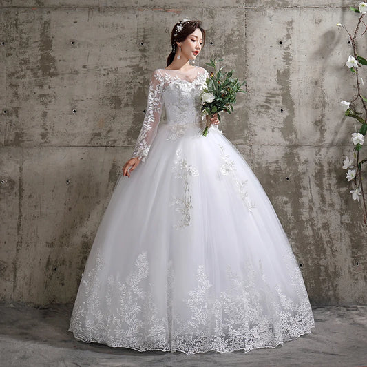 Dreamy Plus Size Floral Wedding Dress for Brides | Exquisite O-Neck Full-Sleeve Bridal Ball Gown | Luxury Lace-Up Organza & Matte Satin Dress | Model LF112 Custom Made Floor-Length Embroidered Gown Luxegan
