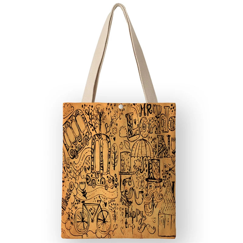 Vintage British Style Women's Canvas Shoulder Bags | Cartoon London Prints Shopping Handbags Totes Travel Luxegan
