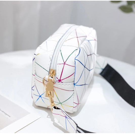 Fashion Laser Shoulder Messenger Bag | Sophisticated PU Leather Small Square Crossbody | Trendy New Laser Satchel with Letter Decoration | Elegant Geometric Pattern Shoulder Bag for Women Luxegan