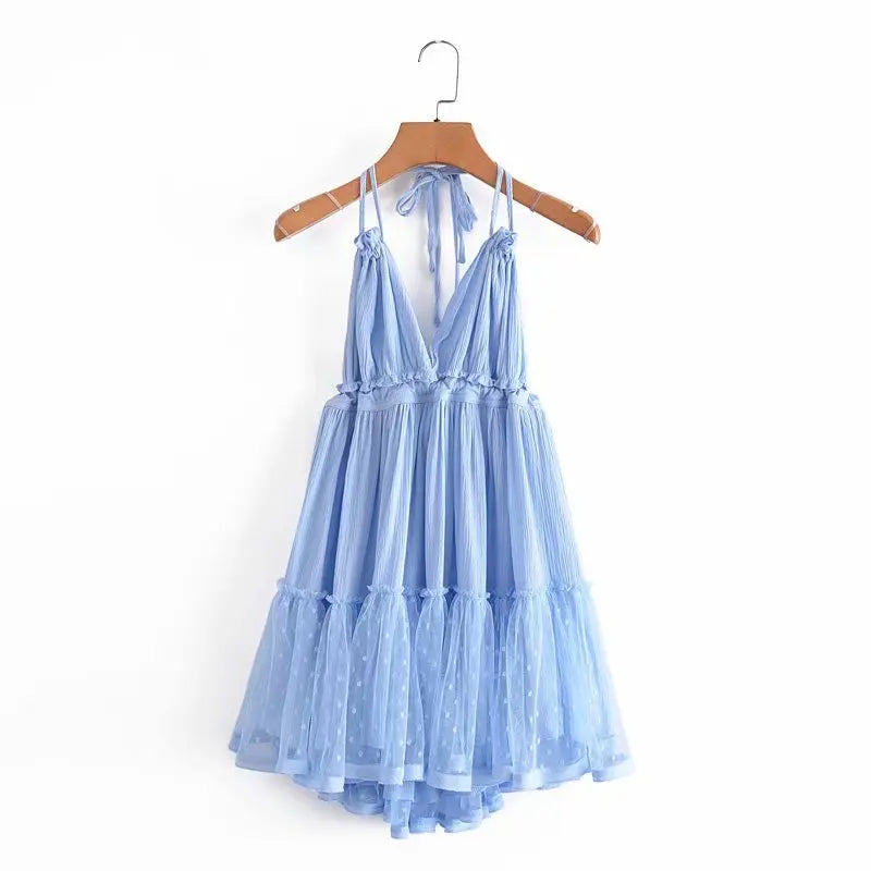 Solid Casual Lace-Detailed V-Neck Spaghetti Strap Sleeveless Regular Fit A-Line Mini Dress – Medium-Stretch Viscose Brocade, Empire Waist, Summer Luxegan