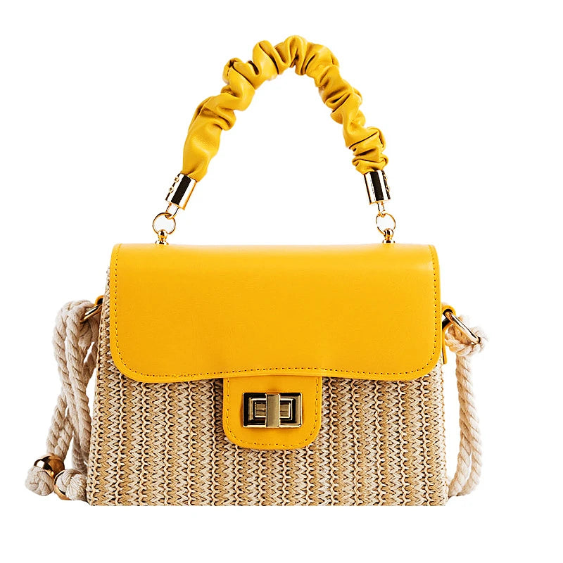 Summer Luxury Designer Straw Beach Bag | Vintage Contrast Color Flap Handbag with Pleated Handle | Hard Structured Woven Crossbody Purse & Lock Shoulder Bag Luxegan