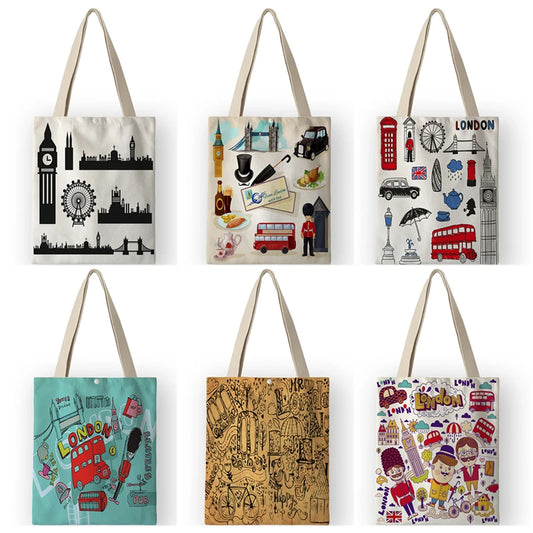 Vintage British Style Women's Canvas Shoulder Bags | Cartoon London Prints Shopping Handbags Totes Travel Luxegan
