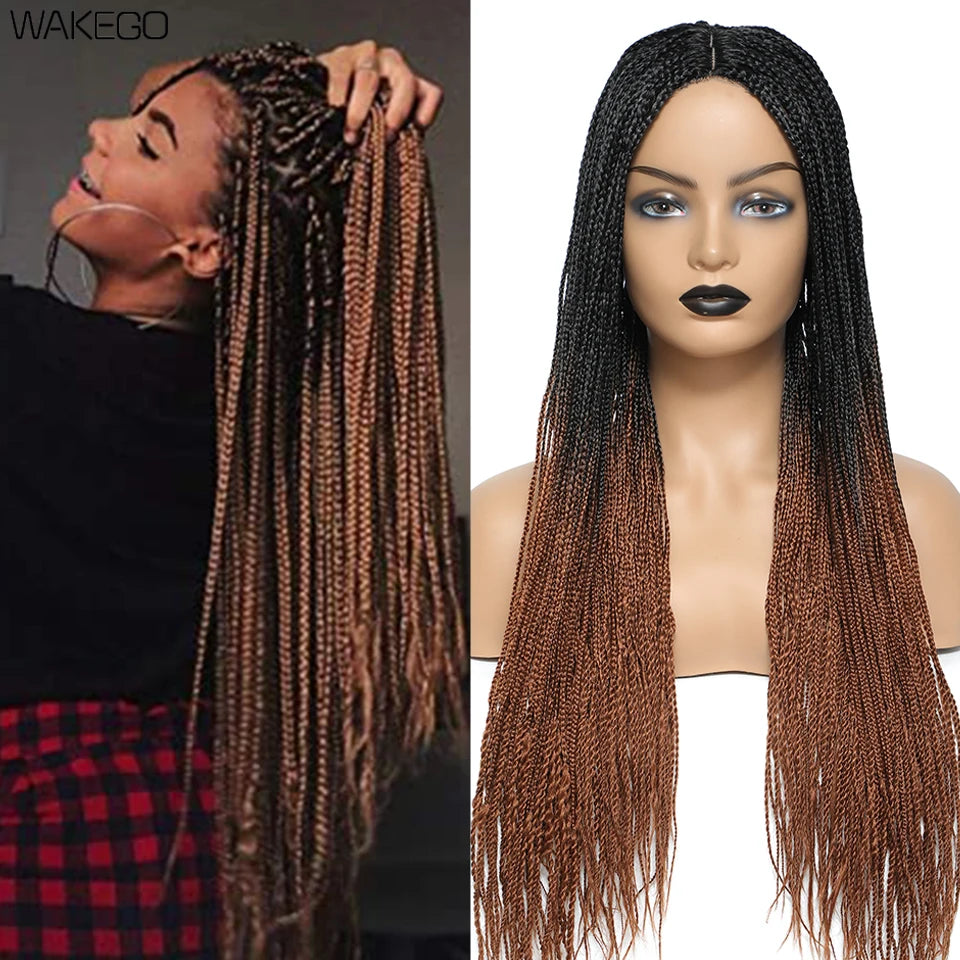 Wakego 26 Inch Ombre Box Braided Wigs For Black Women Braided Wig Fake Scalp Heat Resistant Braiding Hair Wig Peruca Sintetica Luxegan