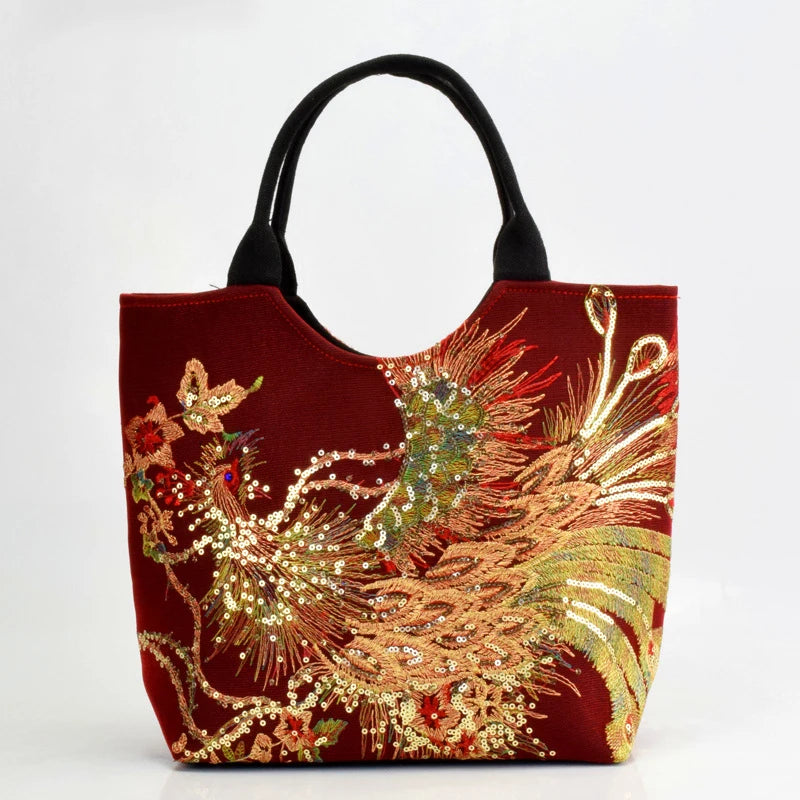 Ethnic Style Sequins Tote Bag | Peacock Embroidery Handbags & Vintage Canvas Crossbody Bag Luxegan