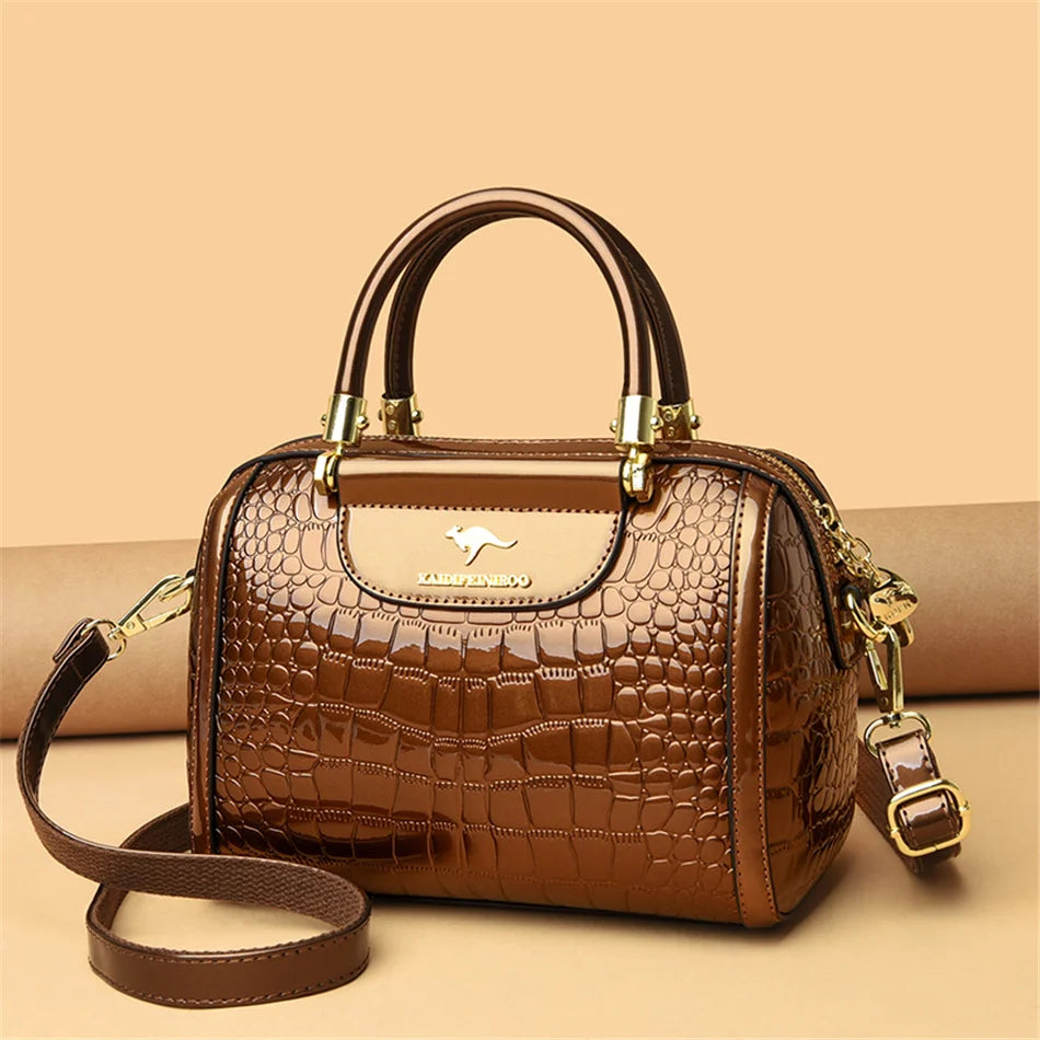 Luxury Patent Leather Handbag | Sophisticated "Crocodile Pattern" Boston Silhouette | Elegant "Sequined & Letter" Detail Crossbody | "Dignified" Alligator Texture Messenger Purse for Radiant Versatile Styling Luxegan