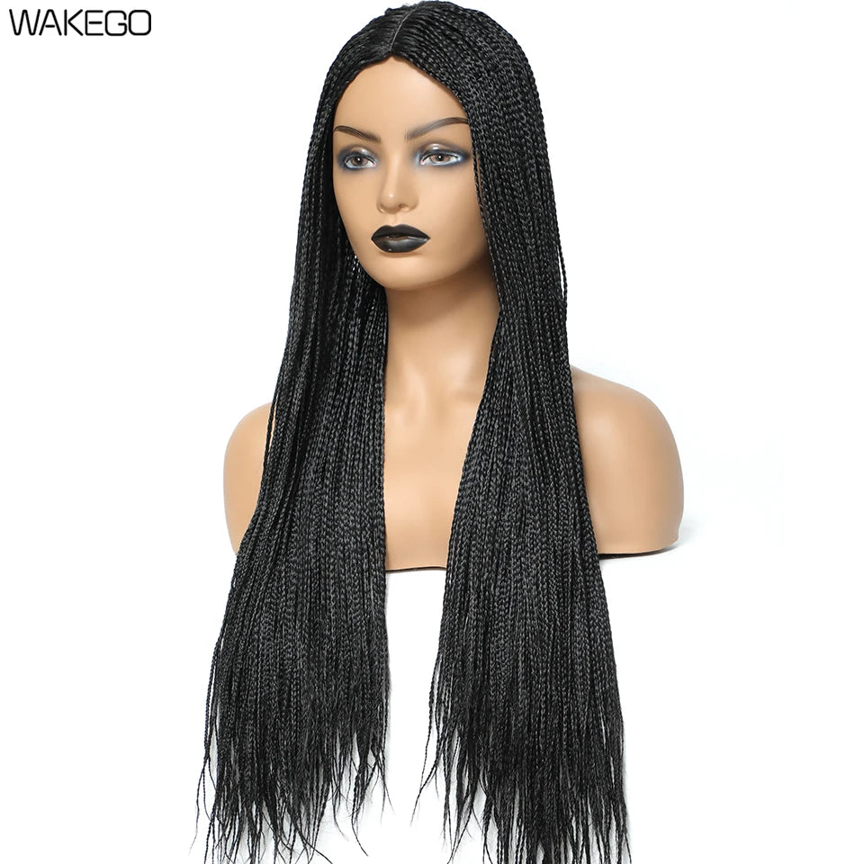 Wakego Box Braided Wigs for Black Women 26" Long Braids Wigs Fake Scalp Synthetic Heat Resistant Fiber Micro Braid Wig Daily Use Luxegan