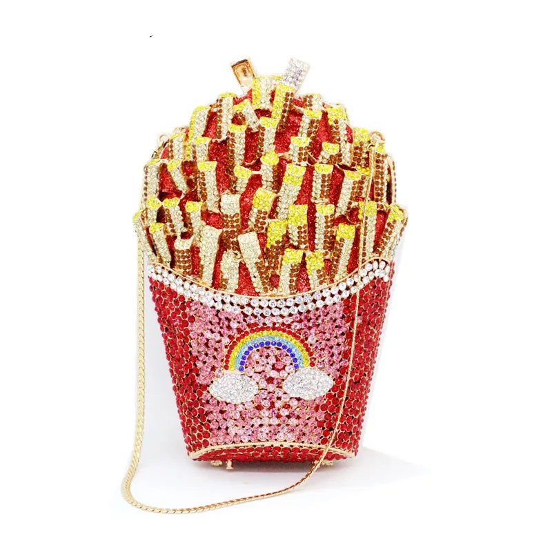Fashion Luxury Crystal Chips Clutch | Sophisticated Designer Rhinestone Evening Bag | Elegant Novelty Bucket-Shape Bridal Handbag | "Dignified" Hard-Shell Metallic Purse for High-Fashion Parties Luxegan